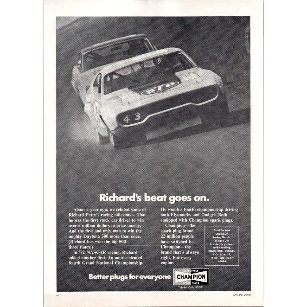 1973 Champion Spark Plugs NASCAR Richard Petty Vintage Print Ad STP Wall Art